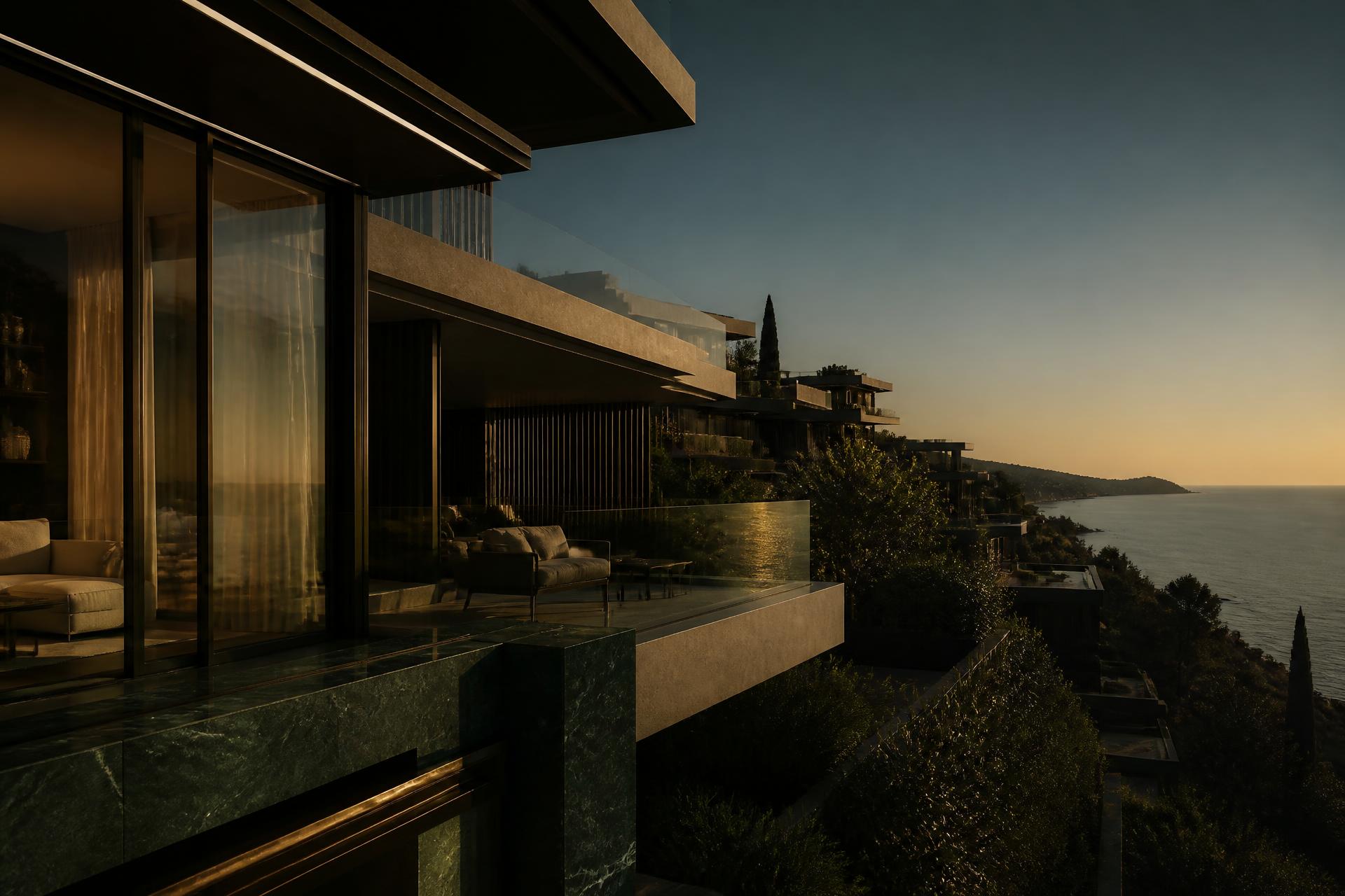 A cliffside luxury residential development at golden hour